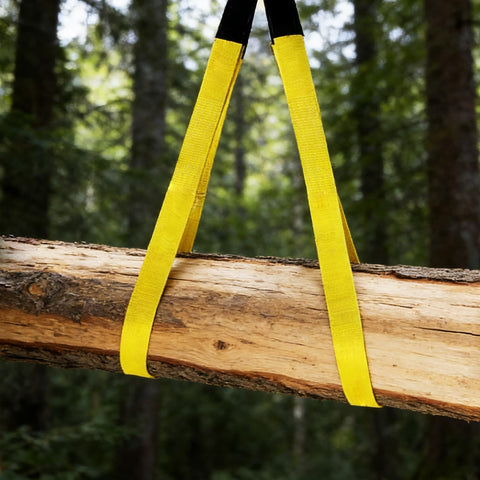 Two Pack 1 Inch By 8 Foot Lift Slings With Wear Guard Ends In Heavy Duty Polyester lifting a log in forest