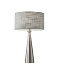 Linda 21.5 Inch Table Lamp In Brushed Steel With Light Gray Textured Fabric Shade, displayed against a white background.