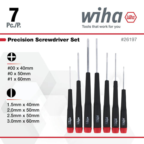 PicoFinish Mini Precision Screwdriver Set, 7-Piece Slotted And Phillips, displayed with rubber handles and rotating caps.