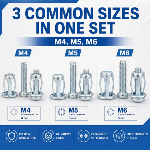 Heavy Duty Aluminum Button Rivet And Locking Nuts Set With M4 M5 M6 Sizes showing M4, M5, M6 fasteners with diameter specifications.