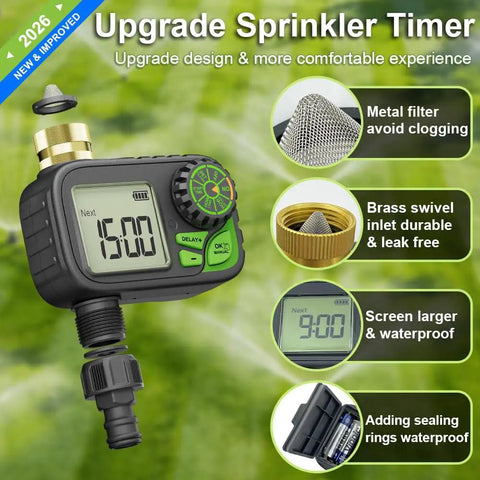 Plug And Play Sprinkler Timer For Your Yard: Programmable Digital Hose Timer With Rain Delay, Manual And Automatic Watering Outdoor Waterproof Irrigation Controller With Brass Inlet One Outlet, featuring metal filter and waterproof display.