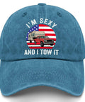 Funny Camping RV Camper Truck Hat For Women - Adjustable Buckle, Vintage Style Photo Prop Cap with red truck and USA flag