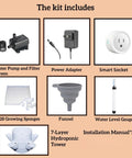 35-Pod Hydroponic Vertical Garden Tower kit with water pump, power adapter, smart socket, growing sponges, and funnel.