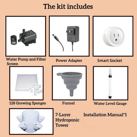 35-Pod Hydroponic Vertical Garden Tower kit with water pump, power adapter, smart socket, growing sponges, and funnel.