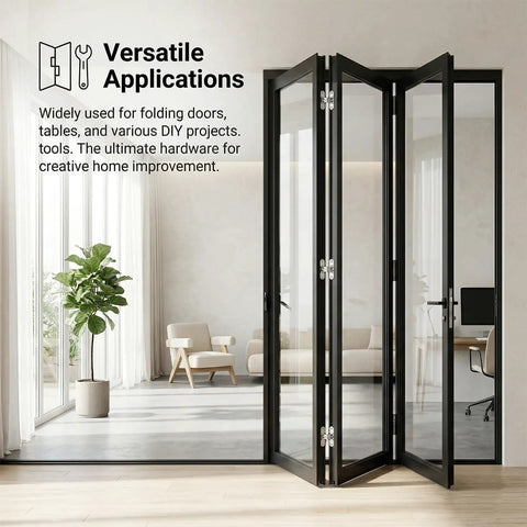 4 Pack Stainless Steel 180 Degree Hidden Cabinet Hinges for Frameless Doors shown on folding glass doors
