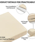 Beige Outdoor Dining Cushion 20x20 Inch Waterproof Deep Seat And Back Cushion with ties, showing full-length zipper and linen-inspired texture