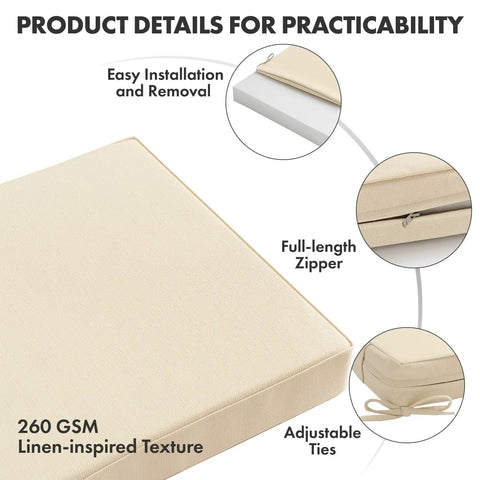 Beige Outdoor Dining Cushion 20x20 Inch Waterproof Deep Seat And Back Cushion with ties, showing full-length zipper and linen-inspired texture