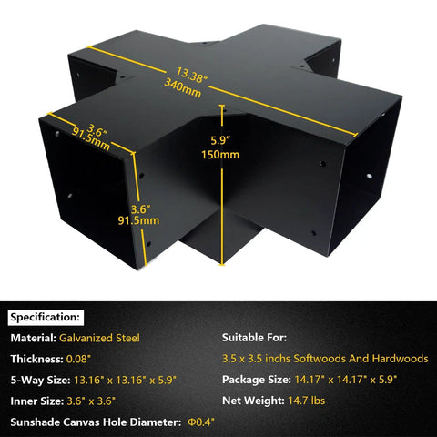 5 Way Right Corner Pegola Bracket Kit For 4x4 Lumber Diy Gazebo Pergola Construction With Hardware Heavy Duty 14 Gauge Steel Corner Brackets For Patio Outdoor Projects Log Cabin 1 Pack showing dimensions and specifications