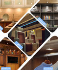 Under Cabinet Puck Lights Kit 3 Pack Surface Mount installed in kitchen, bookshelf, RV, showcase, and wardrobe scene