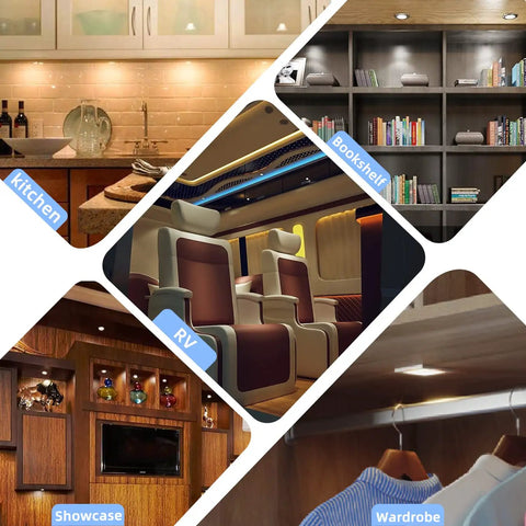 Under Cabinet Puck Lights Kit 3 Pack Surface Mount installed in kitchen, bookshelf, RV, showcase, and wardrobe scene