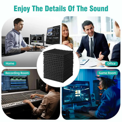 100 Pack Soundproof Foam Panels For Walls, 12x12 Inch Acoustic Tile in home, office, recording, and game room setups.