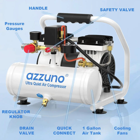 Azzuno 1 Gallon Ultra Quiet Air Compressor With Portable Electric Oil Free Motor And Fast Inflation For Tires, Ideal For Small Automotive Jobs And Home Workshop Tasks Using Reliable 90 Psi Pressure