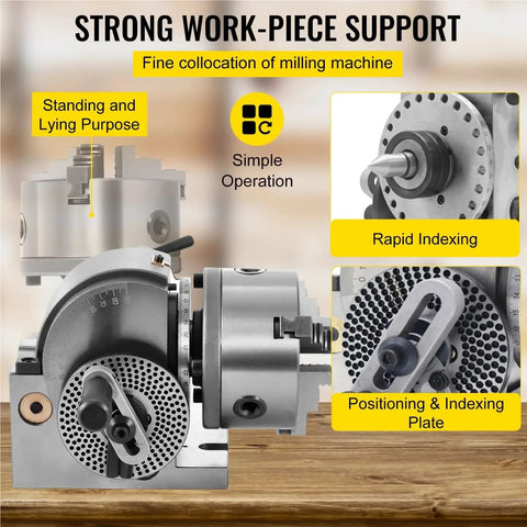 Precision Five Inch Three Jaw Semi Universal Dividing Head For Milling Machines, detailed view showing work-piece support features.