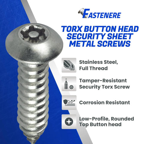 Tamper Resistant Torx Security Screws For Sheet Metal, Button Head Stainless Steel Anti Theft Heavy Duty Fastening, Size Fourteen By Three Quarters Inch, 10 Pack For Essential Security with text listing features including stainless steel, tamper-resistant, and corrosion-resistant qualities.
