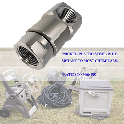 Heavy Duty Hose Reel Swivel With Grease Zerk Half Inch Female NPT Inlet Outlet Nickel Plated Steel Against Reels Background