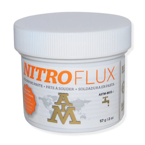 Pro Contractors Go To Solder Flux Paste With Bristle Brush For Plumbing Copper And Brass 2 Oz creamy soldering paste container.
