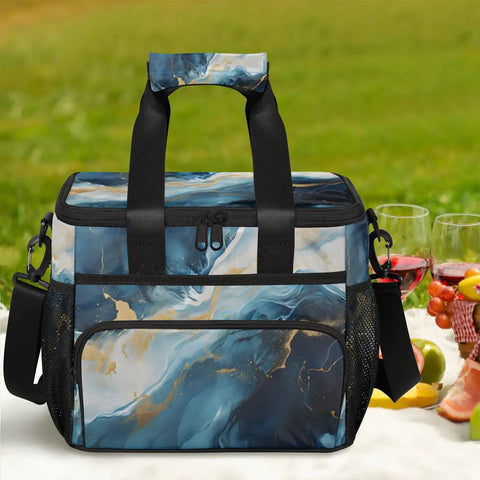 Blue Liquid Insulated Picnic Backpack Lunch Bag For Women And Men, Portable Go-To Tote Cooler, blue pattern, outdoor setting