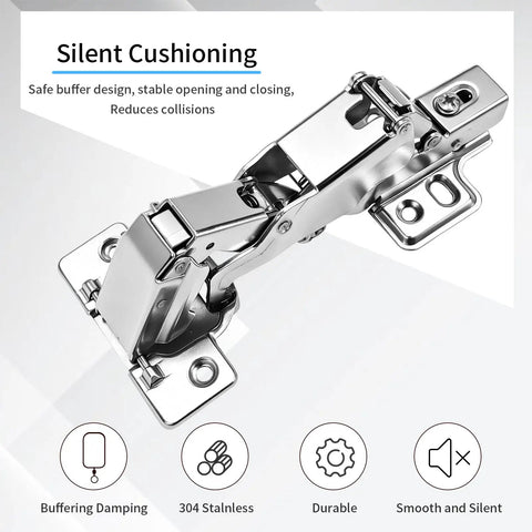 Slick Heavy Duty 175 Degree Soft Close Frameless Cabinet Door Hinges, tough nickel plated steel buffer dampers detailed view.