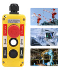 Industrial IP68 Waterproof Two Key Push Button Switch For Crane Hoist Remote Control With Emergency Stop Heavy Duty Pendant Control Station With Rugged Metal Shell And 2 Key Design For Quick Safe Operation, yellow PC shell