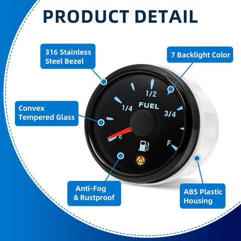 Seven Color LED Fuel Gauge For Boats Cars And Trucks With Marine Grade Fuel Tank Level Indicator And Low Warning Auto Gauge Easy Read For Any Vehicle Wide Ohm Range Sensor Precise Fuel Level Monitoring with convex tempered glass and anti-fog