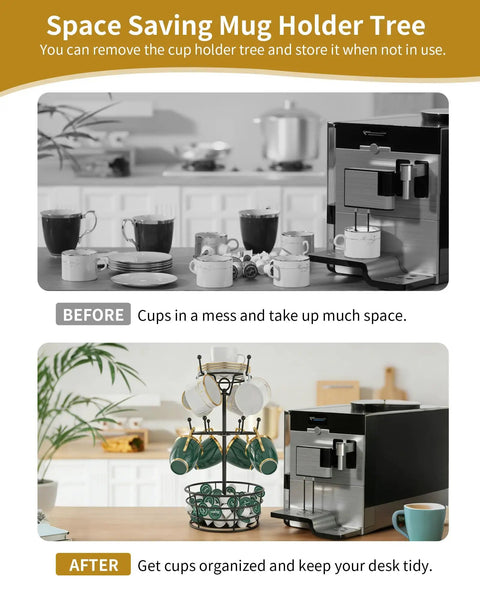 Dope 360 Degree Rotating Mug Holder Tree With Ten Hooks organizing cups on countertop, before and after comparison.