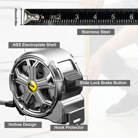 25 Foot Stainless Steel Tape Measure With Waterproof And Rustproof Build For Tough Construction Sites Retractable Hollow Shell Design For Quick Mud And Water Discharge Easy To Clean Dustproof Durability For Real Pros On The Job, 25 ft tape measure