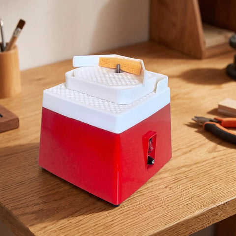 Sleek Compact Electric Grinding Machine And Polisher Shaper With Vertical Spindle on a wooden workbench, red and white design.