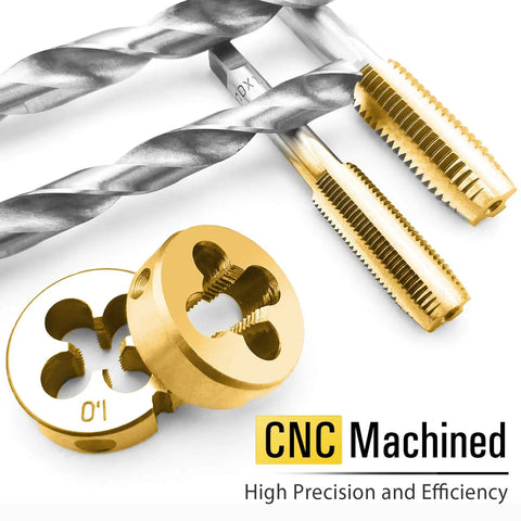40 Piece Metric Tap And Die Set With Titanium Coated GCr15 Bearing Steel, showing tap and die with gold finish for precise threading.
