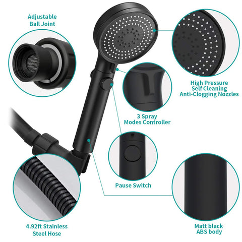 Game Changing Shower Head Kit With Pause Button 3 Setting High Pressure Handheld Shower Removable Head With Hose Adjustable Angled Bracket Low Reach Wand Holder Black Finish showing adjustable ball joint and pause switch