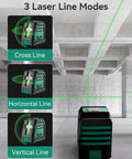 Dual Module Green Laser Level With Self Leveling, 150 Degree Vertical And 130 Degree Horizontal Coverage, Bright Green Beam, Includes 2 AA Batteries And Carrying Bag, Ideal For DIY Reno Renovations, Home Improvement, And Construction Sites. Green laser level showing cross, horizontal, and vertical line modes.