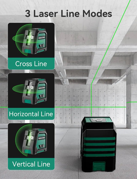 Dual Module Green Laser Level With Self Leveling, 150 Degree Vertical And 130 Degree Horizontal Coverage, Bright Green Beam, Includes 2 AA Batteries And Carrying Bag, Ideal For DIY Reno Renovations, Home Improvement, And Construction Sites. Green laser level showing cross, horizontal, and vertical line modes.