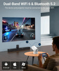 Man using Ultra Portable Mini Projector With WiFi And Bluetooth 4K Ready 170 ANSI Auto Keystone 5W Soundbase gaming on large screen