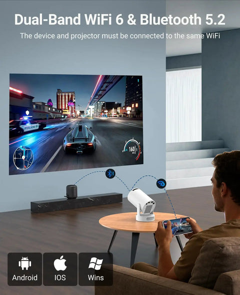 Man using Ultra Portable Mini Projector With WiFi And Bluetooth 4K Ready 170 ANSI Auto Keystone 5W Soundbase gaming on large screen