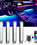 Car Interior LED Lights With App Control And DIY Mode Lit Multicolor Under Dash RGB Lighting Kit For Cars Trucks And SUVs Music Sync USB Powered DC 5V 16 Million Color Options shown in a car interior with app interface and LED strips visible.