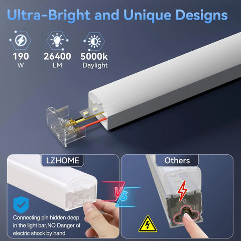 Hexagon 5000K LED Garage Lights 25 Pack Ultra Bright Ceiling Shop Light graphic showing design and connection features