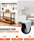 Built Like A Tank Rigid Caster Wheels 8 Pack 1.5 Inch Black Pvc Fixed Base Plates on a wooden cart in a bright kitchen setting.