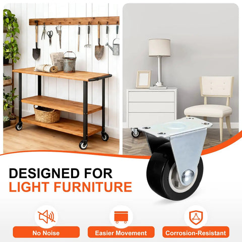 Built Like A Tank Rigid Caster Wheels 8 Pack 1.5 Inch Black Pvc Fixed Base Plates on a wooden cart in a bright kitchen setting.