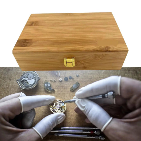 Pro Grade 20 Size Mainspring Winder Set With Wooden Storage Box For Watch Repair And Maintenance, Copper Adapters in use