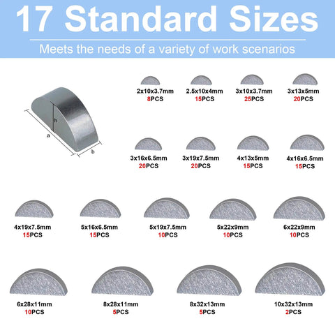 Woodruff Key Assortment Kit Must Have 220 Pieces In 17 Metric Sizes Semi Circle Half Moon Keys And Shaft Crank Keys For Keyways