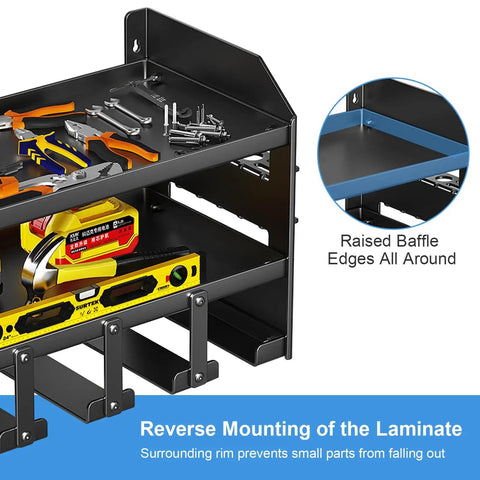 Wall Mount Power Tool Organizer Rack For Garage And Workshop Foldable Cordless Drill Hanger with tools stacked on shelves