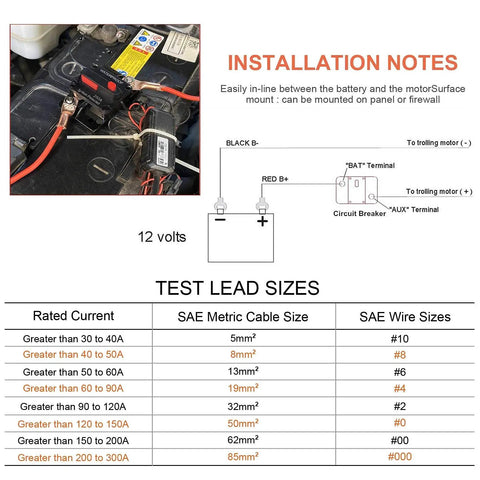 Installation diagram for 150 Amp Marine Circuit Breaker With Manual Reset For Boat Trolling Motors ATV Waterproof 12V-48VDC