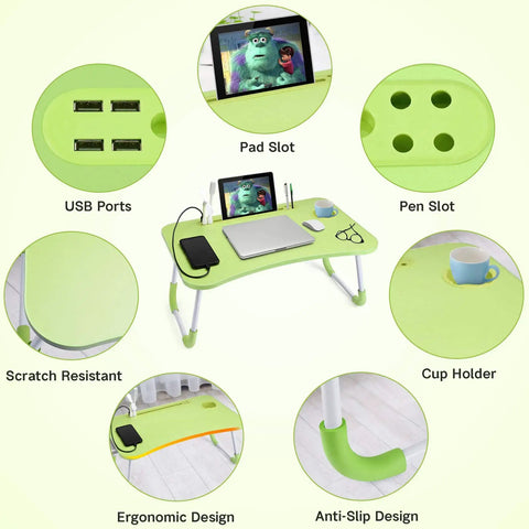 Foldable Laptop Desk Bed Table Portable Lap Tray with USB ports, pad slot, pen slot, scratch resistant, ergonomic design, green