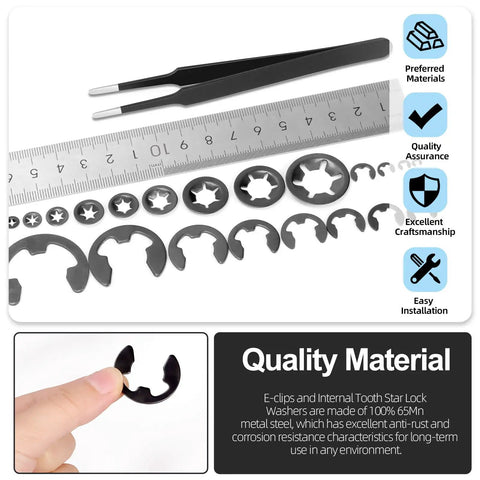 261 Pcs Lock Washer And E Clip Kit with ruler, tweezers, and multiple washer sizes displayed