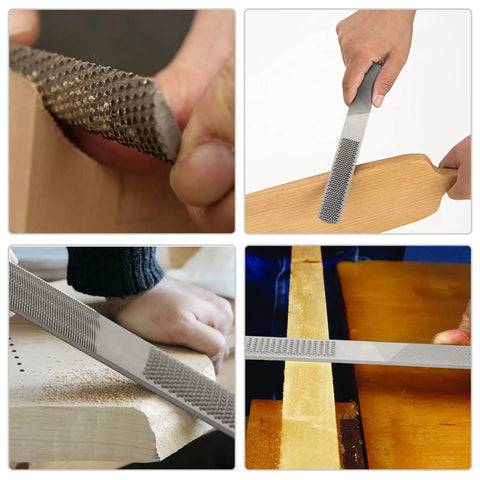 Workhorse 4 In 1 Wood Rasp File 8 Inch Straight Shooting Shaping Tool Built For Home Crews in use on wood surfaces.