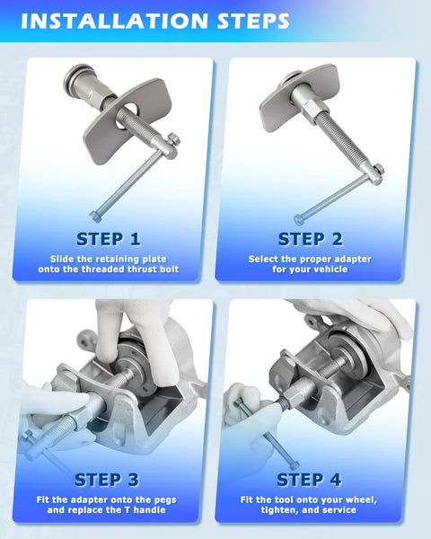 DAYUAN disc brake caliper piston rewind tool kit for cars/trucks; silver metal components with 4-step installation
