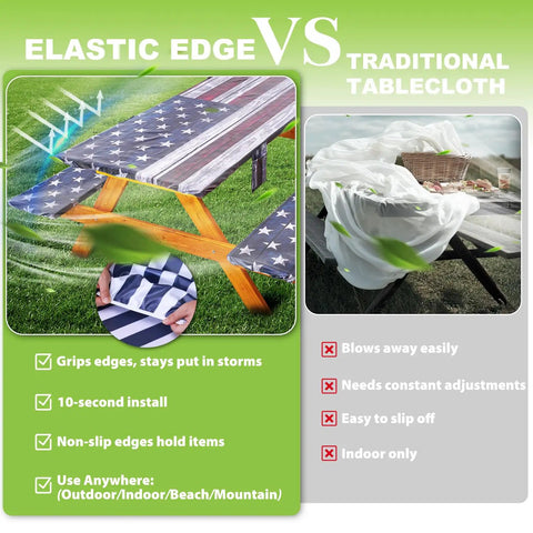 Comparison of fitted picnic table cover with elastic edges and traditional tablecloth, showing benefits of waterproof design and snug fit.