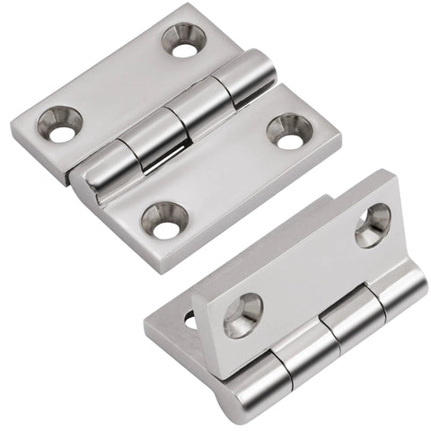 Front view of two Laorde 316 stainless steel boat hatch hinges, 2x2 in (50x50 mm), with screws
