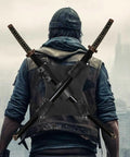 Person wearing Ninja Sword Back Holster And Back Sheath Dope Adjustable Leather Double Sword Holder Durable Back Strap Carry Bag