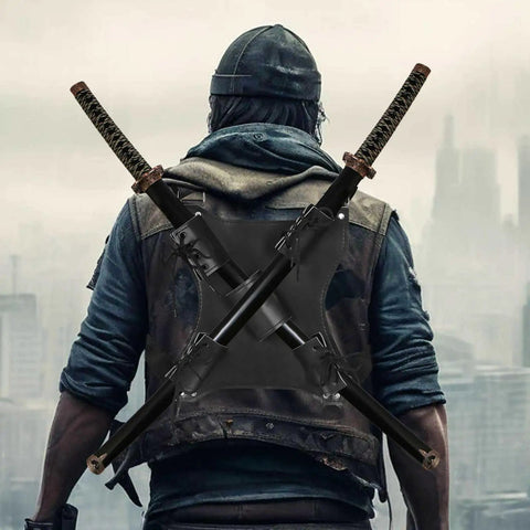 Person wearing Ninja Sword Back Holster And Back Sheath Dope Adjustable Leather Double Sword Holder Durable Back Strap Carry Bag