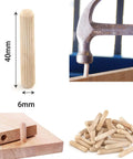 Dowel Pins One Quarter Inch By One And A Half Inch Fluted Hardwood Pegs For Woodworking And Model Building 100 Pack Pro Grade DIY Ready Heavy Duty For Strong Joints And Superior Glue Adhesion, showing measurements and application.